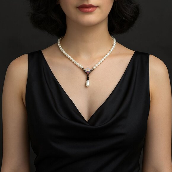 Vintage Faux Pearl Necklace w Center Rhinestone Pearl Drop - 15" Choker - Picture 1 of 6